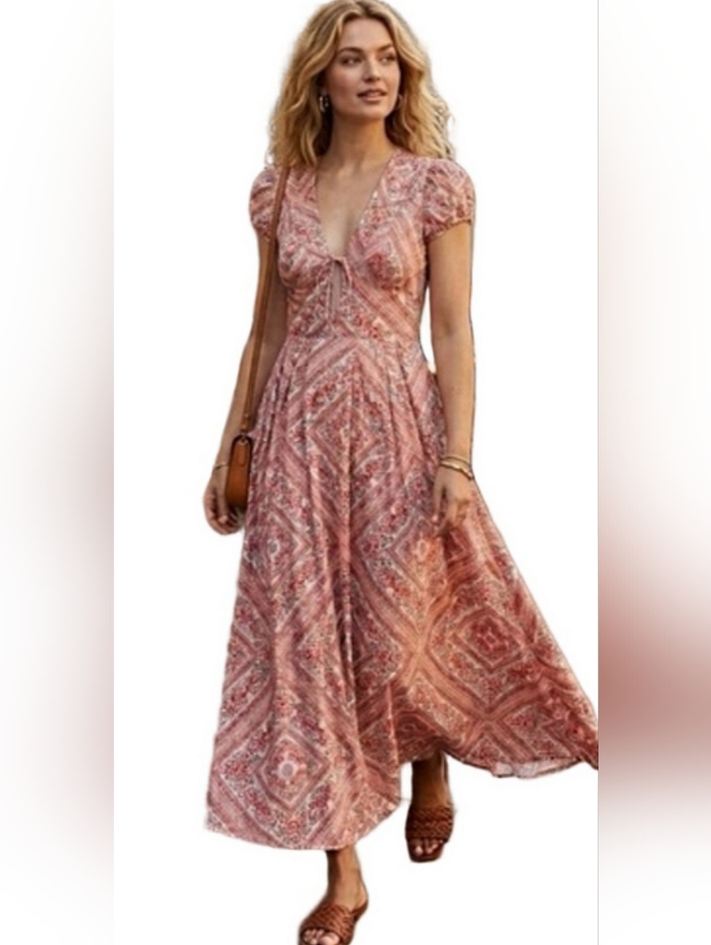 Avec Les Filles Linen Blend Tie-Front Maxi Dress Puff Cap Sleeve Milkmaid
